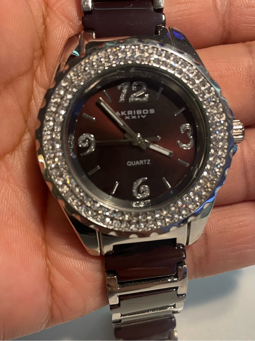 Akribos XXIV Silver Case Brown Dial Crystal Bezel Bracelet Watch
